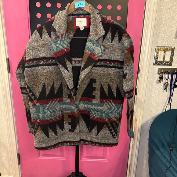 Forever 21- Brown, red, teal, native print jacket. Missing one button. - Picture 1 of 2